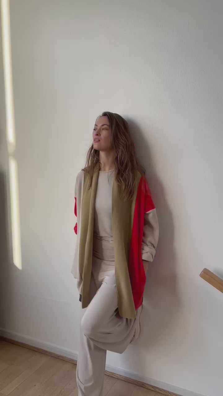 HENRIETTE STEFFENSEN COPENHAGEN CARDIGAN PATCH - 7172 CARDIGANS OLIVE/TOMATO/KIT 321